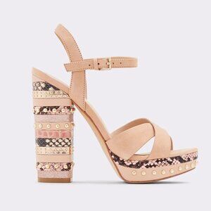 Aldo Hugs Snake Embossed Block Heel Sandal Bone Open Toe Size 7.5